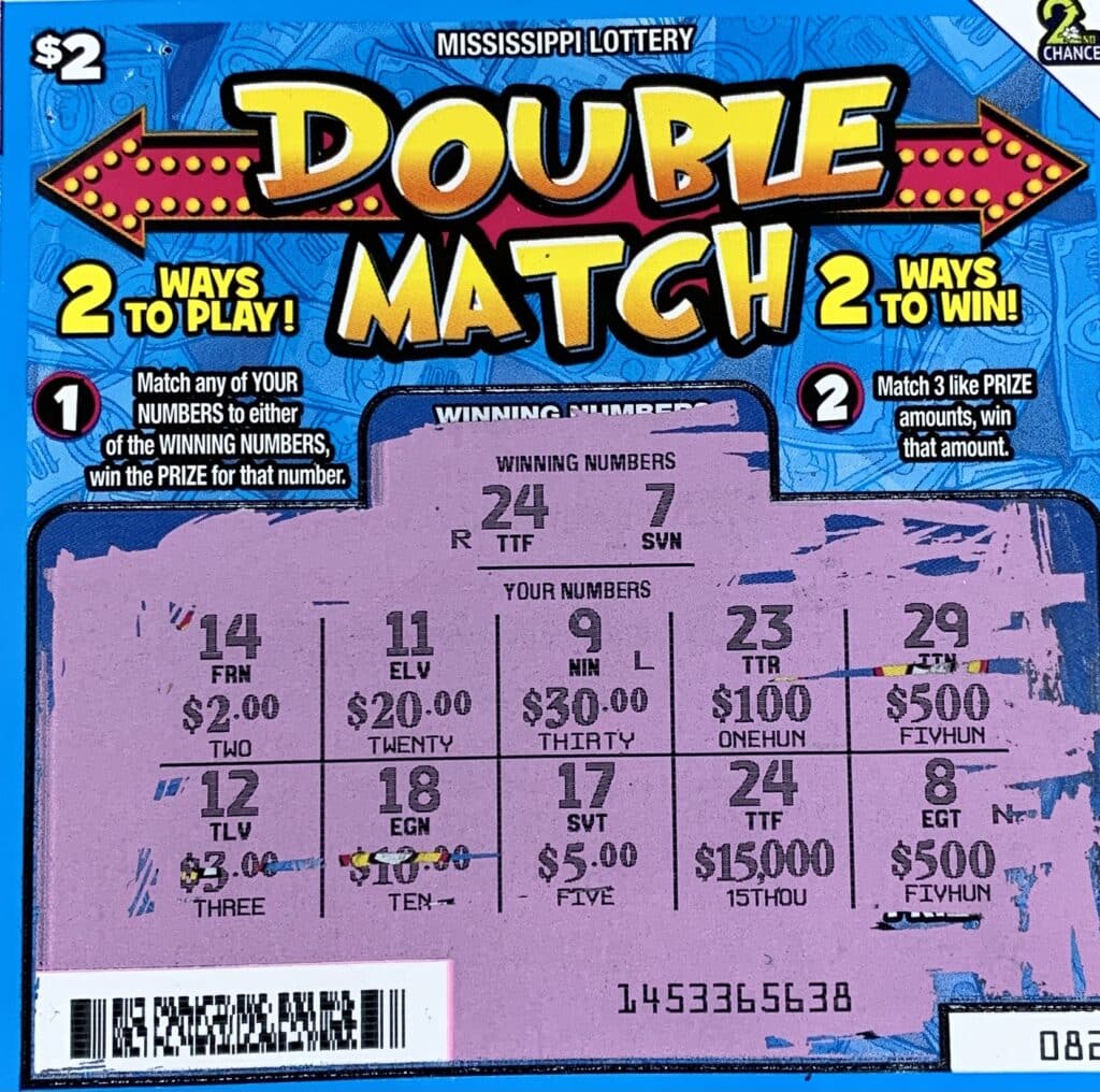 A Clarksdale woman won $15,000 on a Double Match scratch-off game purchased from Circle K on S. State St., Clarksdale.