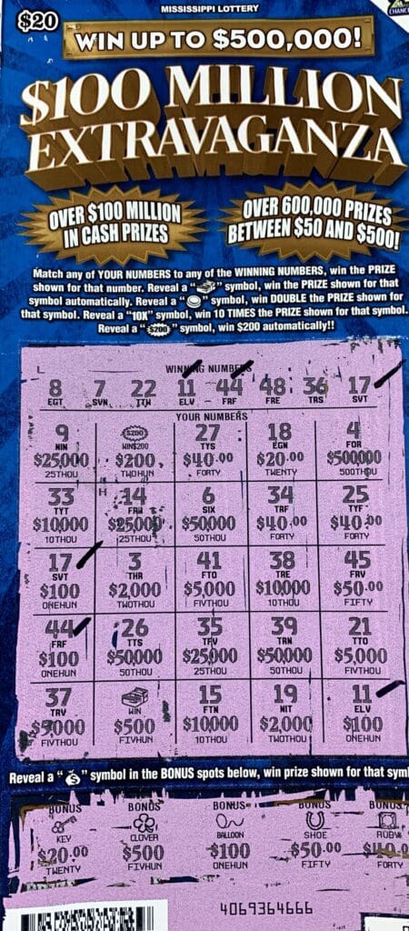 A Jackson man won $1,000 on a $100 Million Extravaganza scratch-off game purchased from Fuel Time #7 on W. Northside Dr., Jackson.