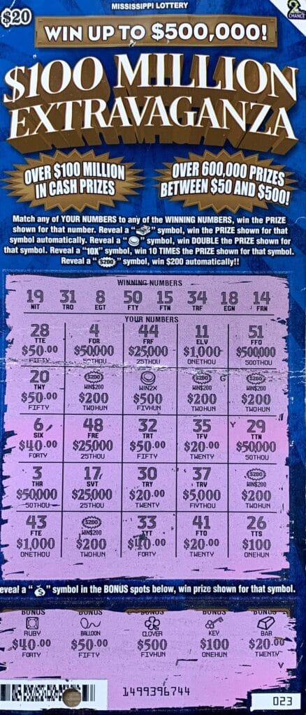 A Greenwood man won $2,000 on a $100 Million Extravaganza scratch-off game purchased from The Stoggie Shop on Hwy. 82 W., Greenwood.