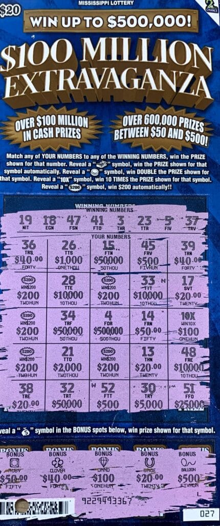 A Hattiesburg man won $2,000 on a $100 Million Extravaganza scratch-off game purchased from Keith’s Superstore #105 LLC on Hwy. 11 N., Ellisville.