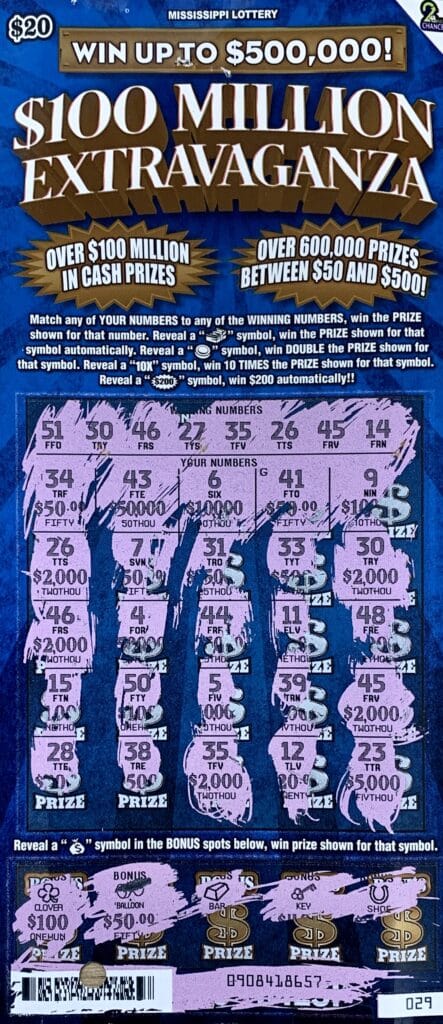 A Pontotoc man won $10,000 on a $100 Million Extravaganza scratch-off game purchased from Warrior Express on W. Oxford St., Pontotoc.